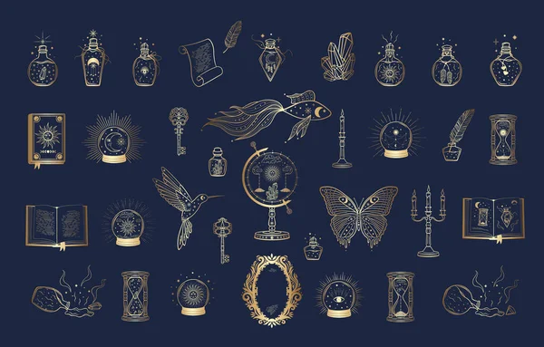手描きの黄金の神秘的なガラス瓶 クリスタルボール 砂時計 ハチドリ 線画の蝶のセット 魔法のお守り 青い背景のベクトルイラスト — ストックベクタ