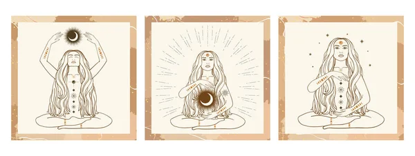 Handgezeichnete Karten Von Silhouette Mystischen Frauen Mit Sonne Mond Stern — Stockvektor