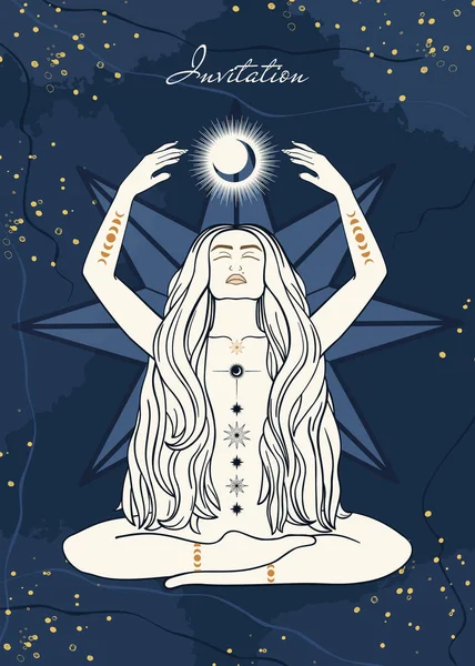 Hand Drawn Card Silhouette Mystical Woman Sun Moon Star Line — Stock Vector