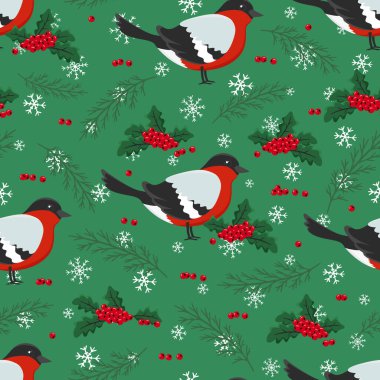 Kuş ispinozu, böğürtlen, yaprak, ağaç dalları, kar taneleri. Tebrik kartı, davetiye, duvar kağıdı ve ambalaj kağıdı için Mutlu Yıllar ve Noel illüstrasyonları