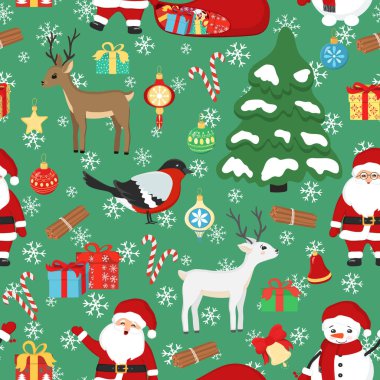 Noel Baba, geyik, kardan adam, hediyeler, kuş, dekoratif balolar, ağaç, kar taneleri. Tebrik kartı, davetiye, duvar kağıdı ve ambalaj kağıdı için yeni yıl ve Noel illüstrasyonu