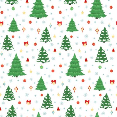 Noel ağacının kusursuz deseni, dekoratif renkli Noel balosu, yıldız, kar tanesi. Tebrik kartı, davetiye, duvar kağıdı ve ambalaj kağıdı için Mutlu Yıllar ve Noel illüstrasyonları