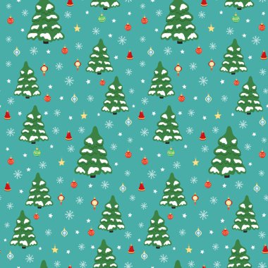 Noel ağacının kusursuz deseni, dekoratif renkli Noel balosu, yıldız, kar tanesi. Tebrik kartı, davetiye, duvar kağıdı ve ambalaj kağıdı için Mutlu Yıllar ve Noel illüstrasyonları