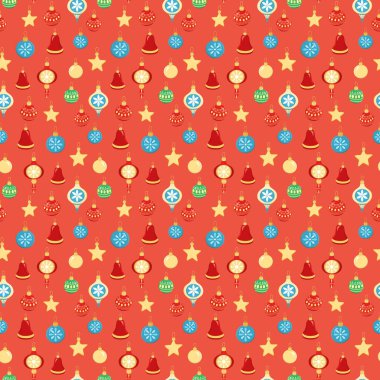 Renkli cam süslemeli Noel ağacı toplarından elle çizilmiş kusursuz desen. Mutlu yıllar ve noel hediyeleri tebrik kartı, davetiye, duvar kağıdı, ambalaj kağıdı için bayram illüstrasyonları