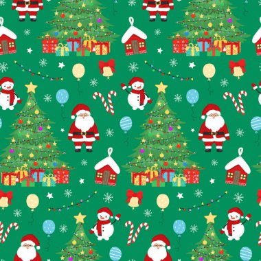 Noel ağacı, Noel Baba, dekoratif Noel balosu, kardan adam, hediye, kar tanesi. Tebrik kartı, duvar kağıdı ve ambalaj kağıdı için Mutlu Yıllar ve Noel illüstrasyonları