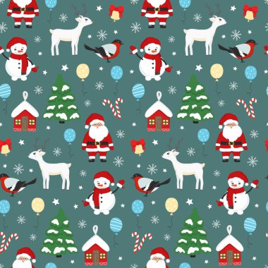 Noel ağacının, Noel Baba 'nın, geyiğin, kardan adamın, kuşun, çanın, kar tanesinin kusursuz deseni. Tebrik kartı, davetiye, duvar kağıdı ve ambalaj kağıdı için Mutlu Yıllar ve Noel illüstrasyonları