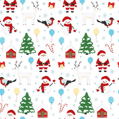 Noel ağacının, Noel Baba 'nın, geyiğin, kardan adamın, kuşun, çanın, kar tanesinin kusursuz deseni. Tebrik kartı, davetiye, duvar kağıdı ve ambalaj kağıdı için Mutlu Yıllar ve Noel illüstrasyonları