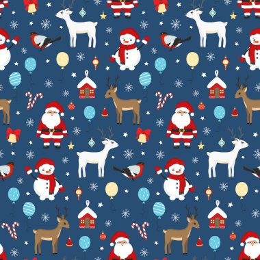 Noel Baba, Noel balosu, geyik, kardan adam, kuş, çan, kar tanesi. Tebrik kartı, davetiye, duvar kağıdı ve ambalaj kağıdı için Mutlu Yıllar ve Noel illüstrasyonları