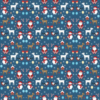 Noel Baba, Noel balosu, geyik, kardan adam, kuş, çan, kar tanesi. Tebrik kartı, davetiye, duvar kağıdı ve ambalaj kağıdı için Mutlu Yıllar ve Noel illüstrasyonları