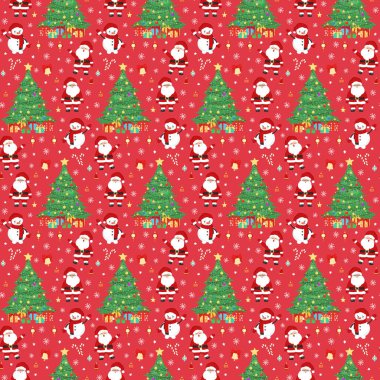 Noel ağacı, Noel Baba, dekoratif Noel balosu, kardan adam, hediye, kar tanesi. Tebrik kartı, duvar kağıdı ve ambalaj kağıdı için Mutlu Yıllar ve Noel illüstrasyonları