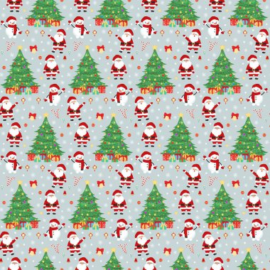 Noel ağacı, Noel Baba, dekoratif Noel balosu, kardan adam, hediye, kar tanesi. Tebrik kartı, duvar kağıdı ve ambalaj kağıdı için Mutlu Yıllar ve Noel illüstrasyonları