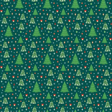 Noel ağacının kusursuz deseni, dekoratif renkli Noel balosu, yıldız, kar tanesi. Tebrik kartı, davetiye, duvar kağıdı ve ambalaj kağıdı için Mutlu Yıllar ve Noel illüstrasyonları