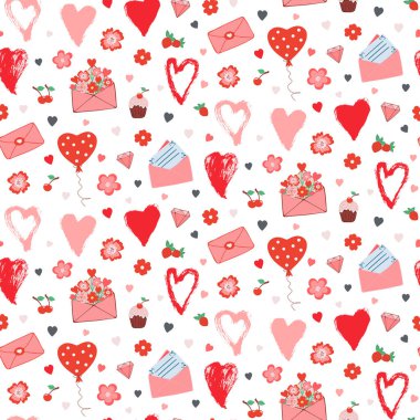 Valentine's Day hand drawn seamless pattern of heart, flower, envelope, balloon, cake. Love symbol. Marker and brush heart. Colorful romantic doodle sketch illustration for wallpaper, wrapping paper