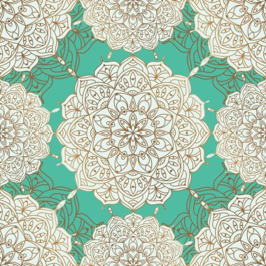 Abstract seamless pattern of luxury mandala with floral elements. Decorative vintage ornament on turquoise background. Ethnic mosaic oriental vector illustration for wallpaper, wrapping paper, fabric