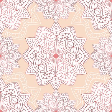 Abstract seamless pattern of luxury mandala with floral elements. Decorative vintage ornament on a pink background. Ethnic mosaic oriental vector illustration for wallpaper, wrapping paper, fabric