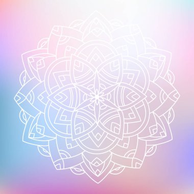 Hand drawn white ornament mandala with floral elements on pastel multi color gradient background. Beautiful vintage colorful doodle ornament. Ethnic mosaic oriental vector outline sketch illustration