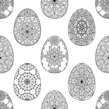 Hand drawn seamless pattern of Easter eggs with patterns, mandala, flowers, leaves on white background. Ornate outline illustration at Easter greeting card, wallpaper, wrapping paper, textile, fabric