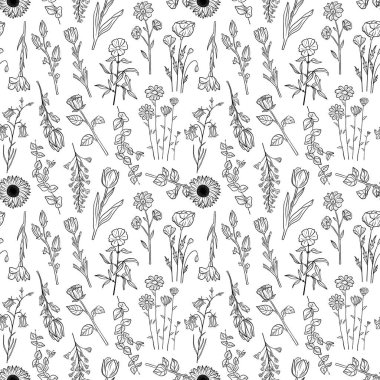 Çiçeklerin, otların, bitkilerin, kır çiçeklerinin, yaprakların el çizimi kusursuz deseni. Çiçekli yaz koleksiyonu. Tebrik kartı, duvar kağıdı, ambalaj kağıdı, kumaş için dekoratif karalama çizimi