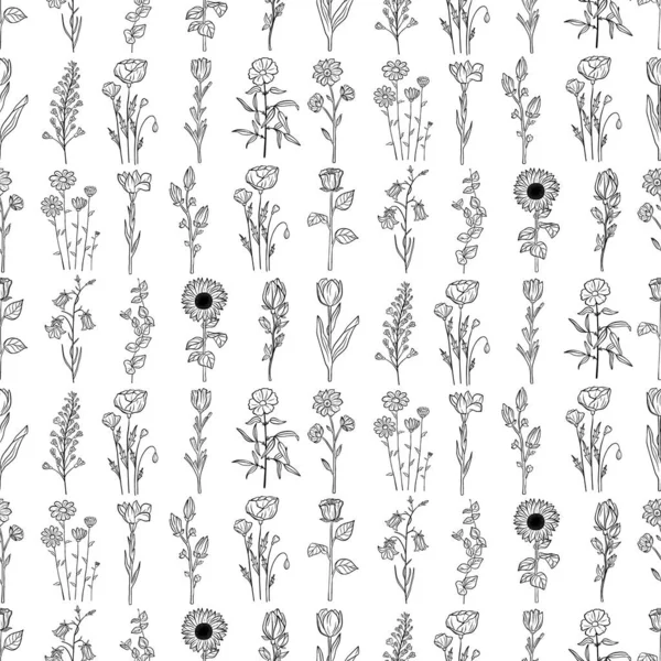 Handgezeichnetes Nahtloses Muster Aus Blühenden Blumen Kräutern Pflanzen Wildblumen Blättern — Stockvektor