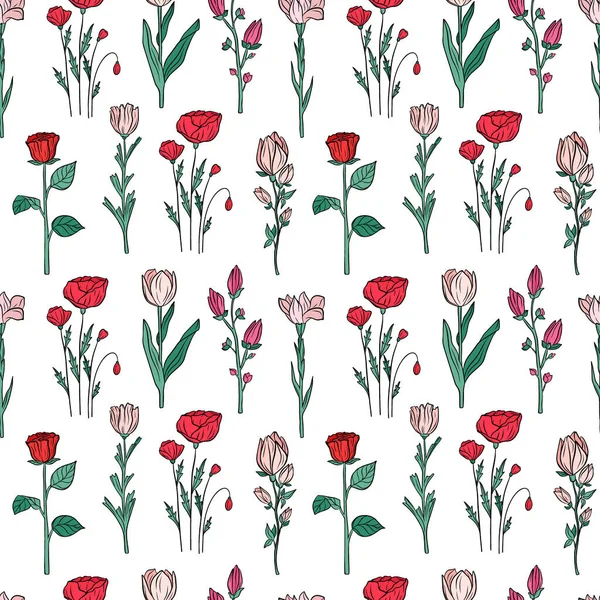 Modèle Sans Couture Dessiné Main Magnolia Fleurs Iris Fleur Pavot — Image vectorielle