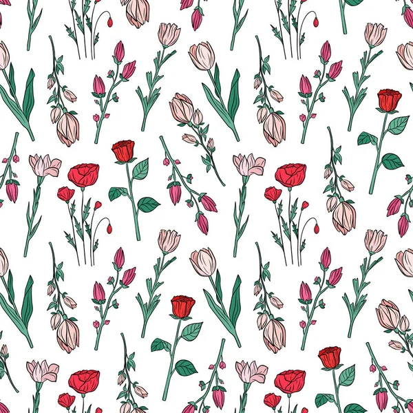 Hand Drawn Seamless Pattern Blooming Magnolia Iris Poppy Flower Rose — Stock Vector