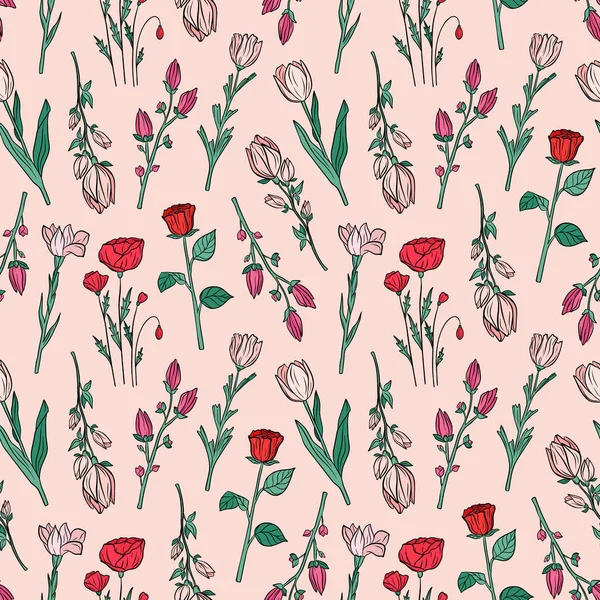 Hand Drawn Seamless Pattern Blooming Magnolia Iris Poppy Flower Rose — Stock Vector