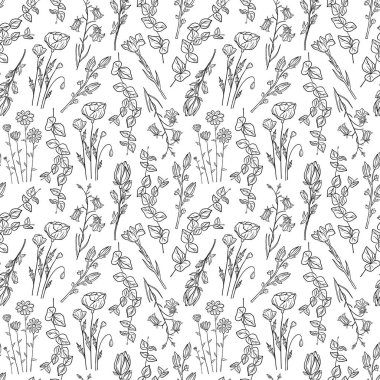 El çizimi, çiçek açan manolya, iris, gelincik çiçeği, okaliptüs, Canterbury çanı, papatya deseni. Beyaz arka planda çiçek koleksiyonu. Duvar kağıdı ve ambalaj kağıdı için dekoratif illüstrasyon