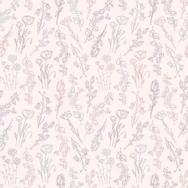 El çizimi, çiçek açan manolya, iris, gelincik çiçeği, okaliptüs, Canterbury çanı, papatya deseni. Pembe arka planda çiçek koleksiyonu. Duvar kağıdı ve ambalaj kağıdı için dekoratif illüstrasyon