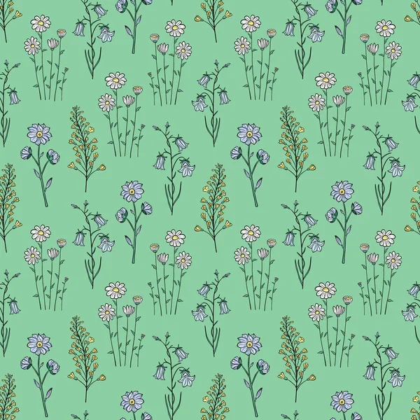 Handgezeichnete Nahtlose Muster Von Blühenden Wildblumen Canterbury Glocken Kamille Florale — Stockvektor