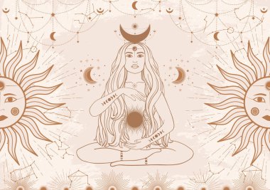 Güneş, Ay ve çizgi sanatında yıldız olan bej renkli gizemli kadının el çizimi kartı. Takımyıldız gökyüzü. Ruhani soyut sembol, esrarengiz tılsım. Sihirli uzay galaksisi, vektör çizimi çizimi
