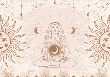 Güneş, Ay ve çizgi sanatında yıldız olan bej renkli gizemli kadının el çizimi kartı. Takımyıldız gökyüzü. Ruhani soyut sembol, esrarengiz tılsım. Sihirli uzay galaksisi, vektör çizimi çizimi