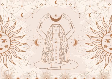 Hand drawn card of beige mystical woman with Sun, Moon, star in line art. Constellation celestial space. Spiritual abstract symbol, esoteric talisman. Magic space galaxy, vector sketch illustration clipart