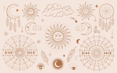 Hand drawn set of mystical Sun with woman's face, moon, dreamcatcher, feather, zodiac symbol, star in line art. Spiritual celestial space, constellation, horoscope, magic talisman vector illustration