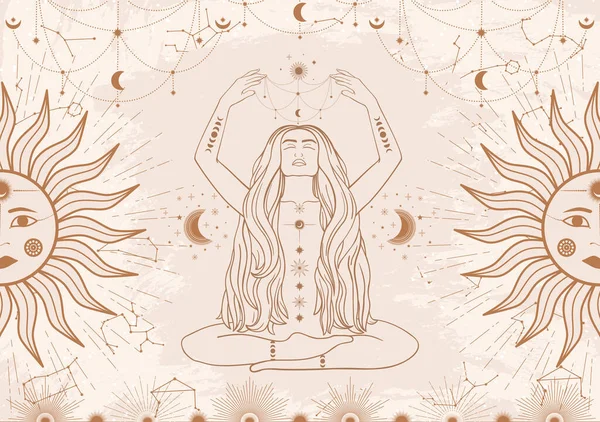 Handgezeichnete Karte Einer Mystischen Frau Beige Mit Sonne Mond Und — Stockvektor