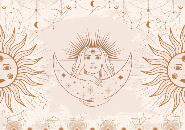 Handgezeichnete Karte Einer Mystischen Frau Beige Mit Sonne Mond Und — Stockvektor