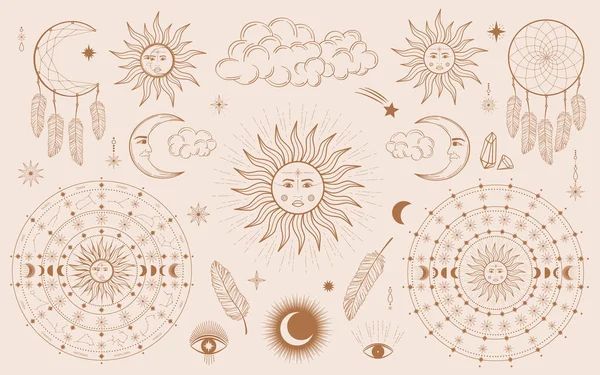Hand Drawn Set Mystical Sun Woman Face Moon Dreamcatcher Feather — ストックベクタ