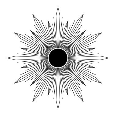 Sanat eserlerinde el çizimi mistik güneş. Güneş patlaması, ışık huzmeleri, ruhani sembol gökyüzü. Sihirli tılsım, antika tarzı, boho, dövme, amblem, logo. Vektör illüstrasyonu beyaz arkaplanda izole edildi