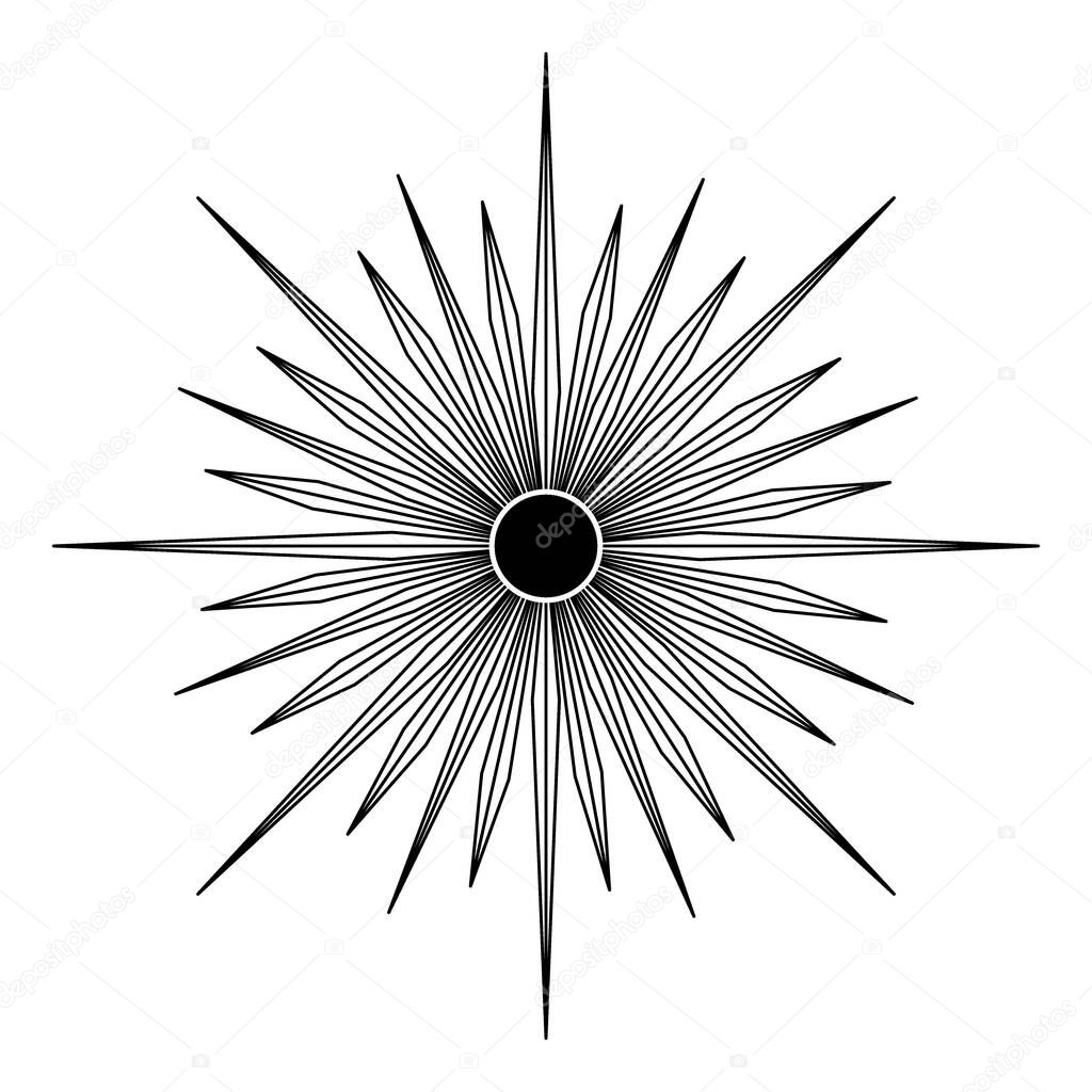 Hand drawn mystical Sun in line art. Sunburst, light rays, spiritual symbol celestial space. Magic talisman, antique style, boho, tattoo, emblem, logo. Vector illustration isolated on white background