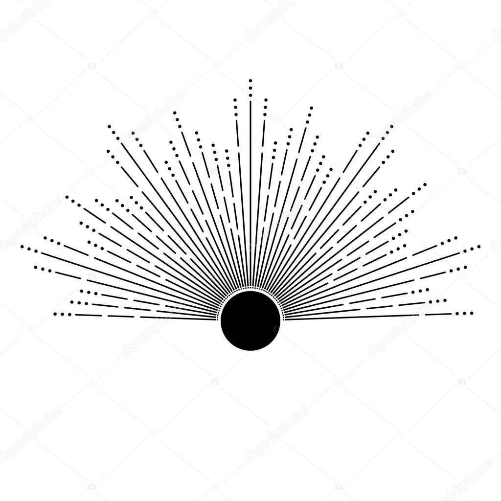 Hand drawn mystical Sun in line art. Sunburst, light rays, spiritual symbol celestial space. Magic talisman, antique style, boho, tattoo, emblem, logo. Vector illustration isolated on white background
