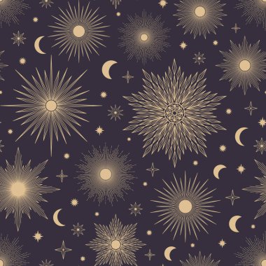 Farklı Güneş, Ay, güneş ve yıldızlardan oluşan el izi. Göksel patlamalı güneş ışınları vektörü. Tebrik kartı, duvar kağıdı, ambalaj kağıdı ve kumaş için sihirli uzay galaksisi çizimi
