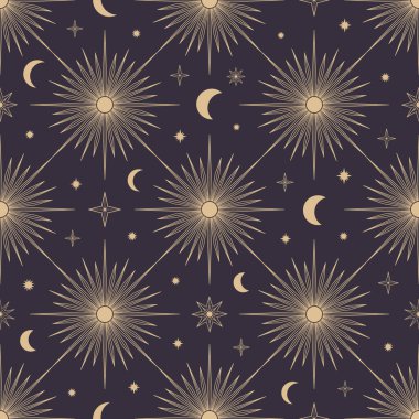 Güneş 'in, Ay' ın, güneş patlamasının, yıldızların el çizimi kusursuz deseni. Mistik gök patlaması güneş ışınları vektörü. Tebrik kartı, duvar kağıdı, ambalaj kağıdı ve kumaş için sihirli uzay galaksisi çizimi