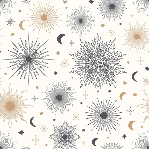 stock vector Hand drawn seamless pattern of different Sun, Moon, sunburst, stars. Celestial bursting sun rays vector. Magic space galaxy sketch illustration for greeting card, wallpaper, wrapping paper, fabric