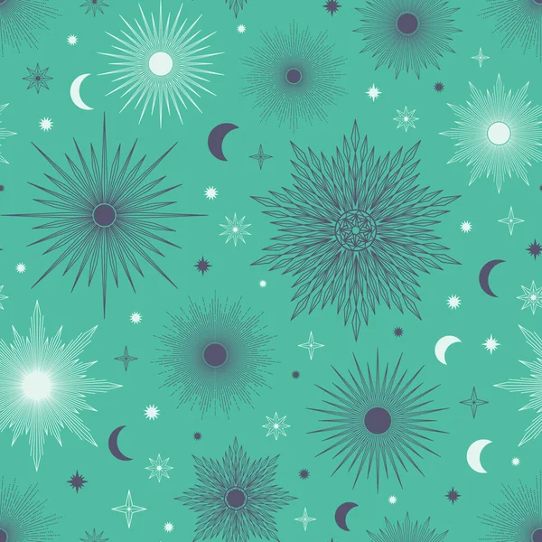 Handgezeichnetes Nahtloses Muster Verschiedener Sonne Mond Sonneneruption Sterne Himmelsbrechender Sonnenstrahlen — Stockvektor