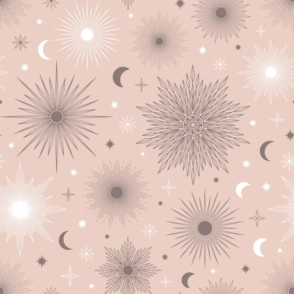 Handgezeichnetes Nahtloses Muster Verschiedener Sonne Mond Sonneneruption Sterne Himmelsbrechender Sonnenstrahlen — Stockvektor