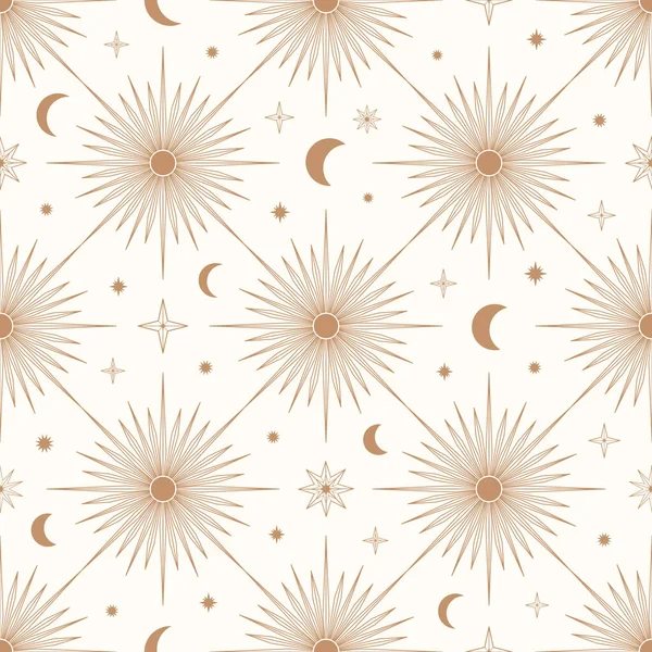 stock vector Hand drawn seamless pattern of Sun, Moon, sunburst, stars. Mystical celestial bursting sun rays vector. Magic space galaxy sketch illustration for greeting card, wallpaper, wrapping paper, fabric