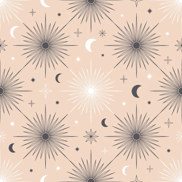 Ručně Kreslený Bezproblémový Vzor Slunce Měsíce Slunečního Svitu Hvězd Mystický — Stockový vektor