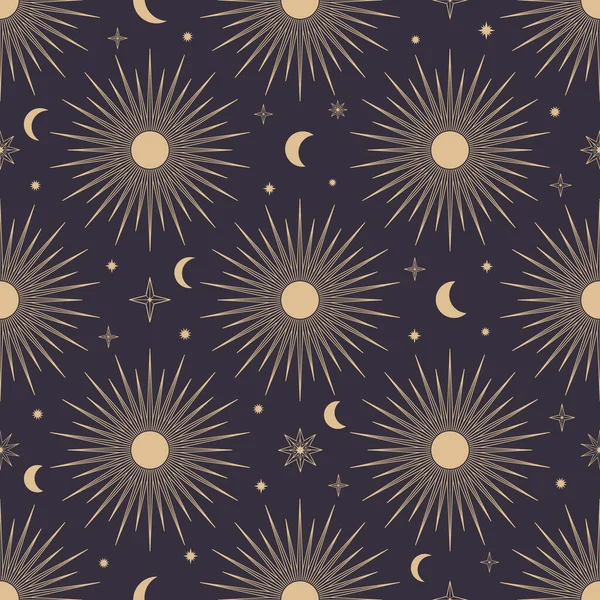 Handgezeichnetes Nahtloses Muster Von Sonne Mond Sonnenbrand Sternen Mystischer Himmlisch — Stockvektor