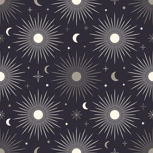 Handgezeichnetes Nahtloses Muster Von Sonne Mond Sonnenbrand Sternen Mystischer Himmlisch — Stockvektor