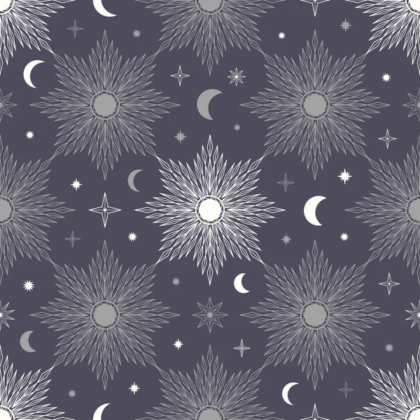 Hand Drawn Seamless Pattern Sun Moon Sunburst Stars Mystical Celestial — Stock Vector