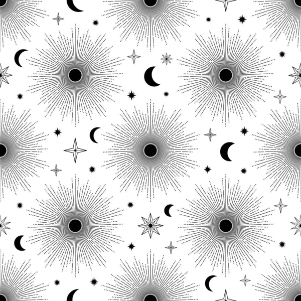 Modèle Sans Couture Dessiné Main Soleil Lune Coup Soleil Étoiles — Image vectorielle